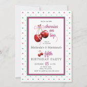 ツインさくらんぼオントップさくらんぼピンクボウ誕生日 招待状 (正面)