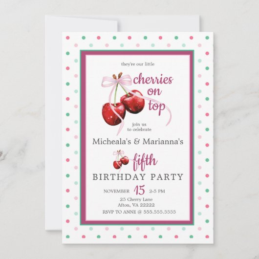 ツインさくらんぼオントップさくらんぼピンクボウ誕生日 招待状 (正面)