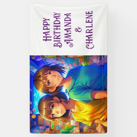 ツインのハッピーバースデーバナーアニメをテーマにした 横断幕 (縦)