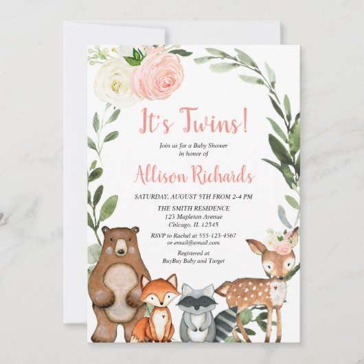 ツインの女の子の森の動物の緑の赤ちゃんシャワー 招待状 (正面)
