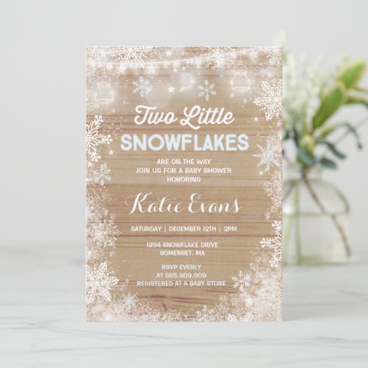 ツインウィンターベイビーシャワー招待状素朴ブルー 招待状 (スタンド正面)