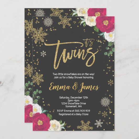 ツインウィンターベビーシャワー招待状ツインクリスマス 招待状 (正面/裏面)