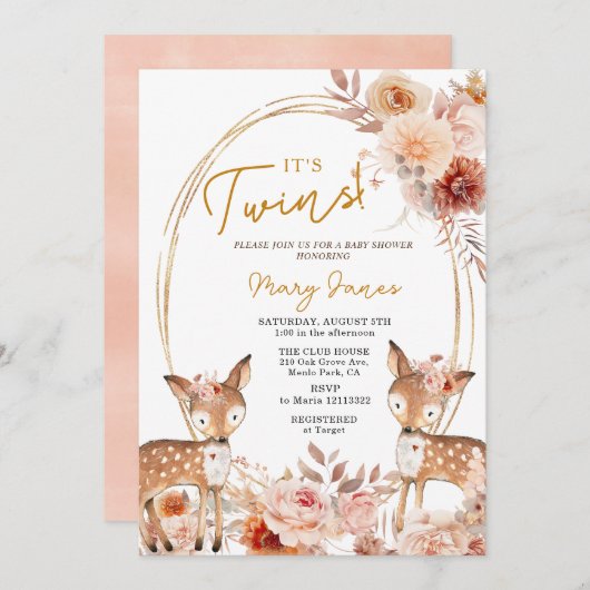 ツインエレガント鹿アイボリーベージュフラワーベビーシャワー 招待状 (正面/裏面)