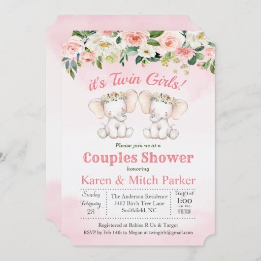 ツインエレファントフローラベビーシャワー招待状 招待状 (正面/裏面)