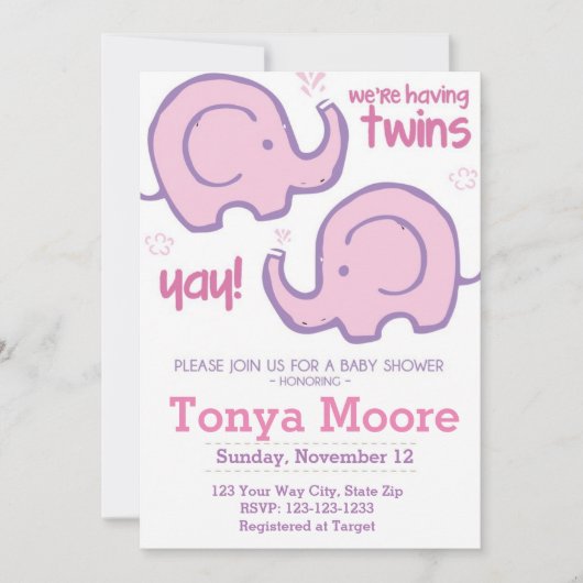 ツインエレファントベビーシャワー招待状（女の子） 招待状 (正面)