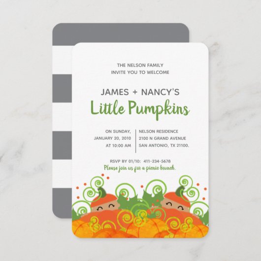 ツインカボチャベビーシャワーボーイガールの黒い肌色 招待状 (正面/裏面)