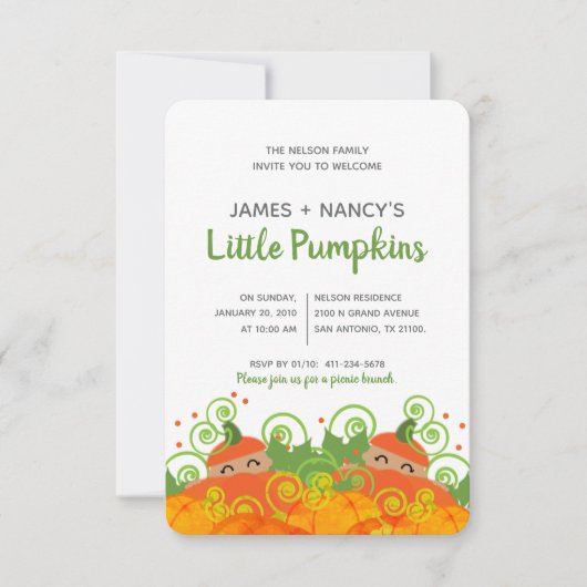 ツインカボチャベビーシャワーボーイガールの黒い肌色 招待状 (正面)