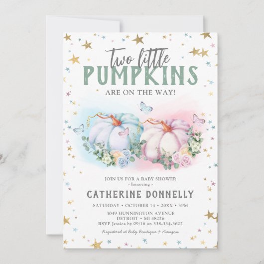ツインカボチャ男の子ガールベビーシャワー招待状 招待状 (正面)