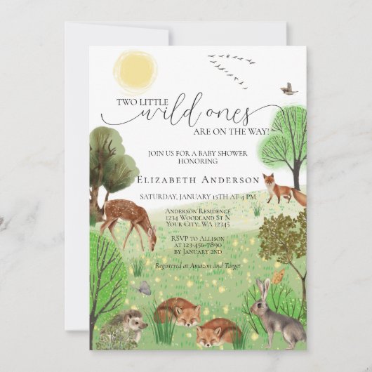 ツインカラフルウッドランドかわいい動物の赤ちゃんシャワー 招待状 (正面)