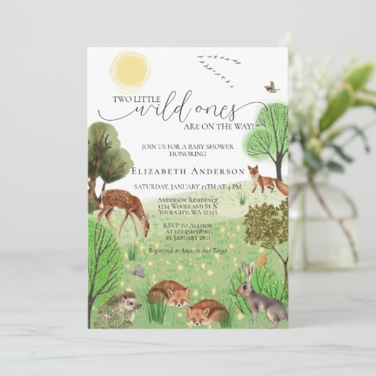 ツインカラフルウッドランドかわいい動物の赤ちゃんシャワー 招待状 (スタンド正面)