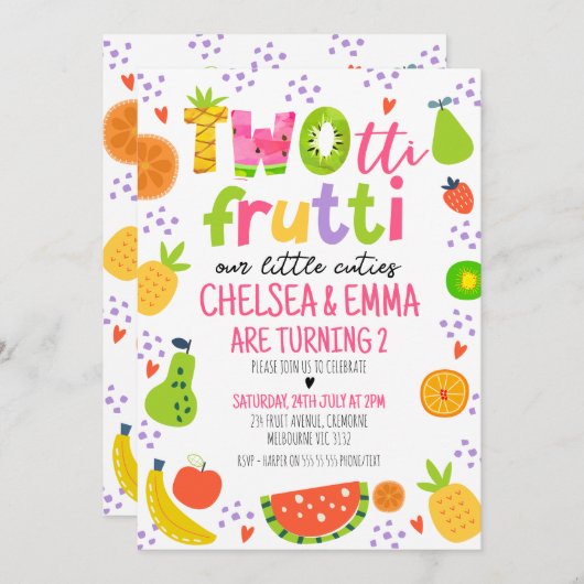ツインカラフルフルーツツーティフルーティ2回目の誕生日 招待状 (正面/裏面)