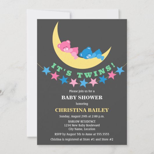 ツインガールとボーイテディベア赤ちゃんシャワー 招待状 (正面)