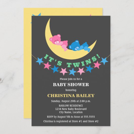 ツインガールとボーイテディベア赤ちゃんシャワー 招待状 (正面/裏面)