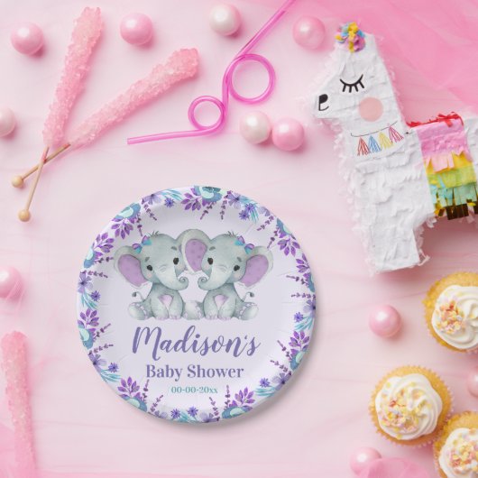 ツインガールエレファントベビーシャワー紙プレートフローラ ペーパープレート (パーティー)