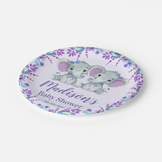 ツインガールエレファントベビーシャワー紙プレートフローラ ペーパープレート (アングル)