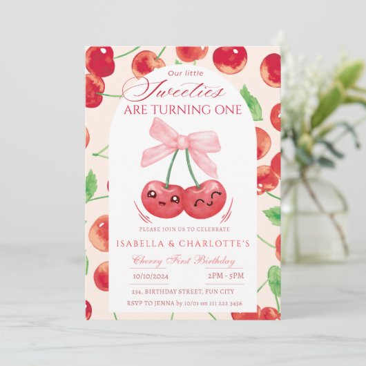 ツインガールズさくらんぼファースト1stエイジ誕生日 招待状 (スタンド正面)