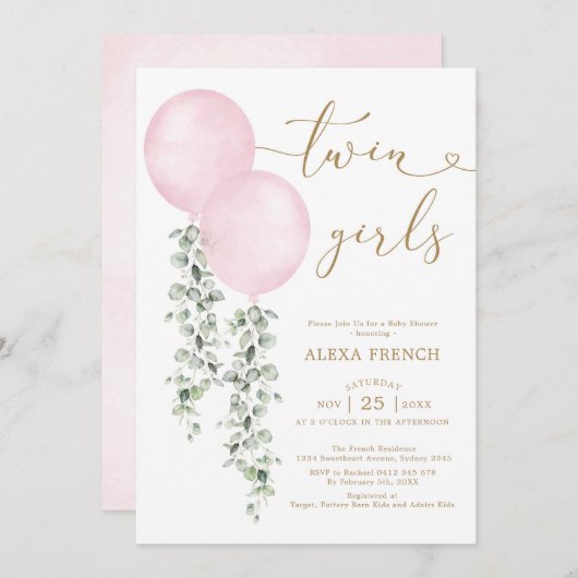 ツインガールズウォーターカラーピンクバルーン赤ちゃんシャワー 招待状 (正面/裏面)