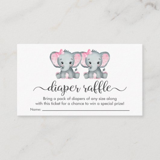 ツインガールズエレファントおむつラッフルベビーシャワー エンクロージャーカード (正面)