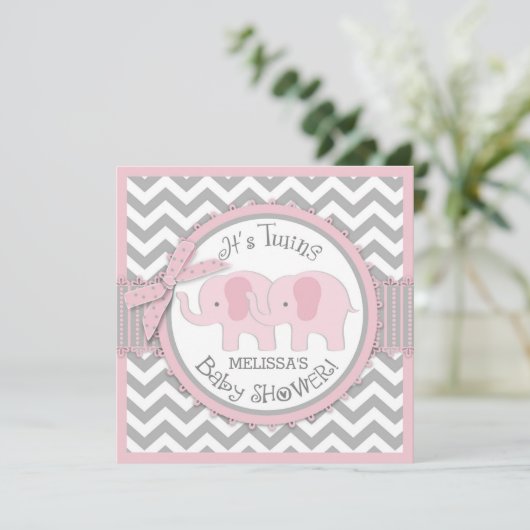ツインガールズエレファントシェブロンプリントベビーシャワー 招待状 (スタンド正面)