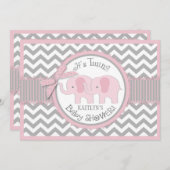 ツインガールズエレファントシェブロンプリントベビーシャワー 招待状 (正面/裏面)