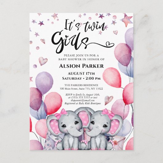 ツインガールズエレファントピンクバルーンベビーシャワー インビテーションポストカード (正面)