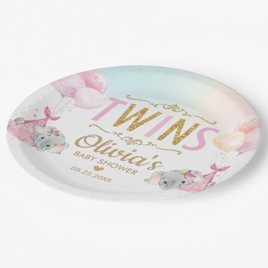 ツインガールズエレファントベビーシャワー散水お洒落 ペーパープレート (アングル)