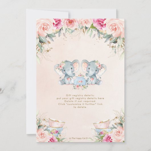 ツインガールズエレファント赤面フローラティーベイビーシャワー 招待状 (裏面)