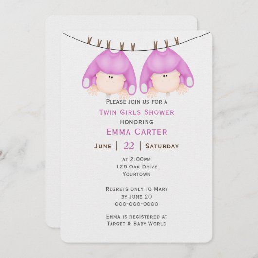 ツインガールズオンクロースレインベビーシャワー招待状 招待状 (正面/裏面)