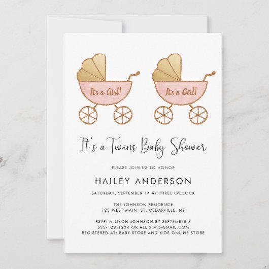 ツインガールズキャリッジウォーターカラーベビーシャワー 招待状 (正面)