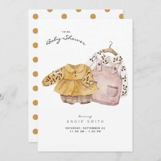 ツインガールズキュート衣服赤ちゃんシャワー招待状 招待状 (正面/裏面)