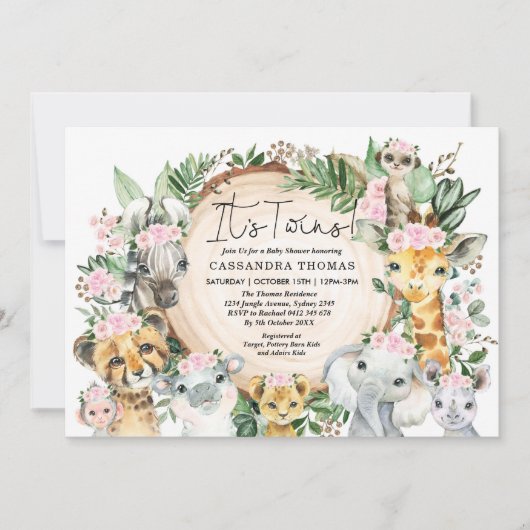 ツインガールズジャングルサファリパーティー動物のベビーシャワー 招待状 (正面)