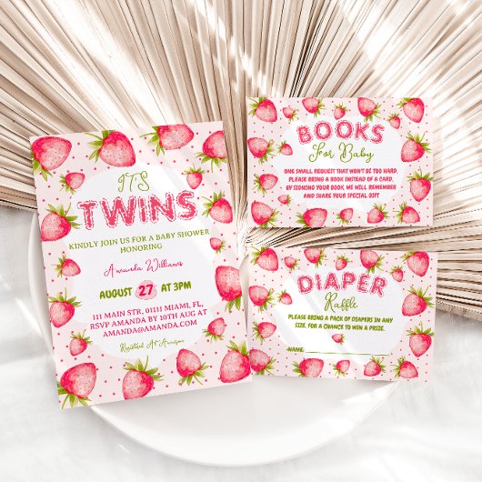 ツインガールズストロベリーピンク緑かわいい赤ちゃんシャワー 招待状