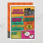 ツインガールズスーパーヒーロー招待状パーティー招待状 招待状 (正面/裏面)