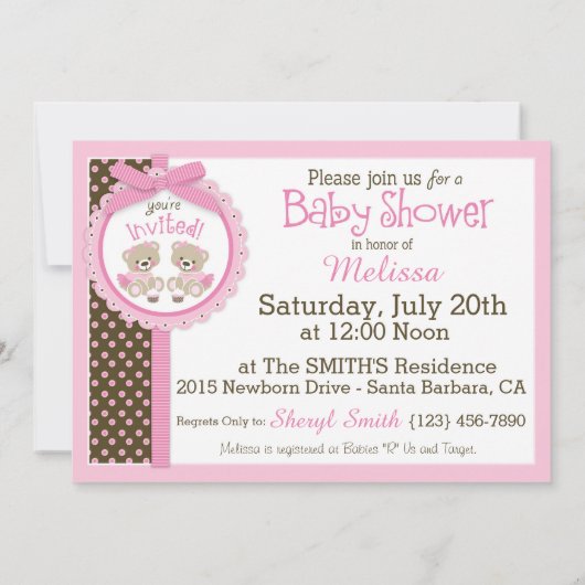 ツインガールズテディベアーズタトゥスベビーシャワー 招待状 (裏面)