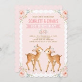 ツインガールズディア1番目の誕生日双子ピンクフローラ 招待状 (正面/裏面)