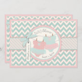 ツインガールズトゥタスシェブロンプリントベビーシャワー 招待状 (正面/裏面)