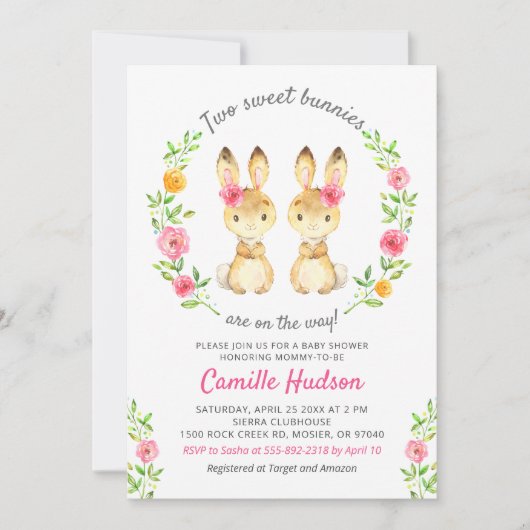 ツインガールズバニーフローラピンクベビーシャワー散水 招待状 (正面)