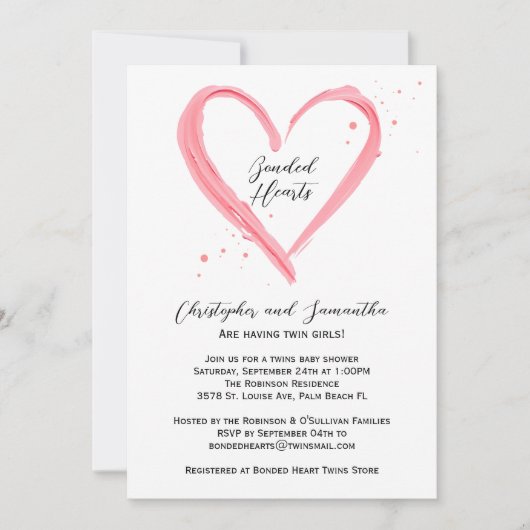 ツインガールズピエレガントッモダンクハートベビーシャワー 招待状 (正面)