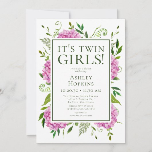 ツインガールズピンクあじさい赤ちゃんシャワー 招待状 (正面)