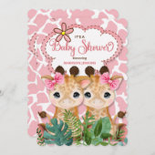 ツインガールズピンクのキリンのジャングル赤ちゃんシャワー 招待状 (正面/裏面)