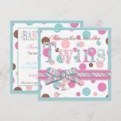 ツインガールズピンクアクアブラウンドットベビーシャワー 招待状 (正面/裏面)
