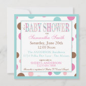 ツインガールズピンクアクアブラウンドットベビーシャワー 招待状 (裏面)