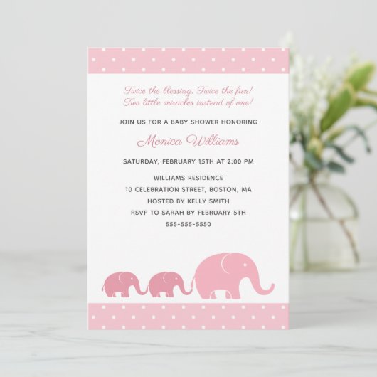 ツインガールズピンクエレファントベビーシャワー招待状 招待状 (スタンド正面)