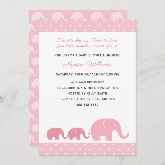 ツインガールズピンクエレファントベビーシャワー招待状 招待状 (正面/裏面)