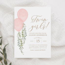 ツインガールズピンクバルーンユーカリ赤ちゃんシャワー 招待状