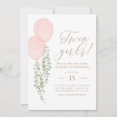 ツインガールズピンクバルーンユーカリ赤ちゃんシャワー 招待状 (正面)