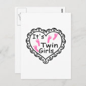 ツインガールズピンクフットプリントハート ポストカード (正面/裏面)