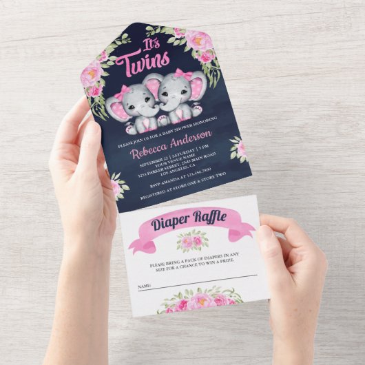 ツインガールズピンクフローラゾウ海軍ベビーシャワー オールインワン招待状 (貼ってはがせる)
