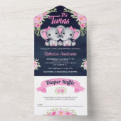 ツインガールズピンクフローラゾウ海軍ベビーシャワー オールインワン招待状 (内側)
