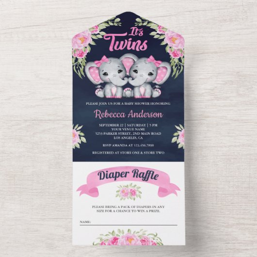 ツインガールズピンクフローラゾウ海軍ベビーシャワー オールインワン招待状 (内側)